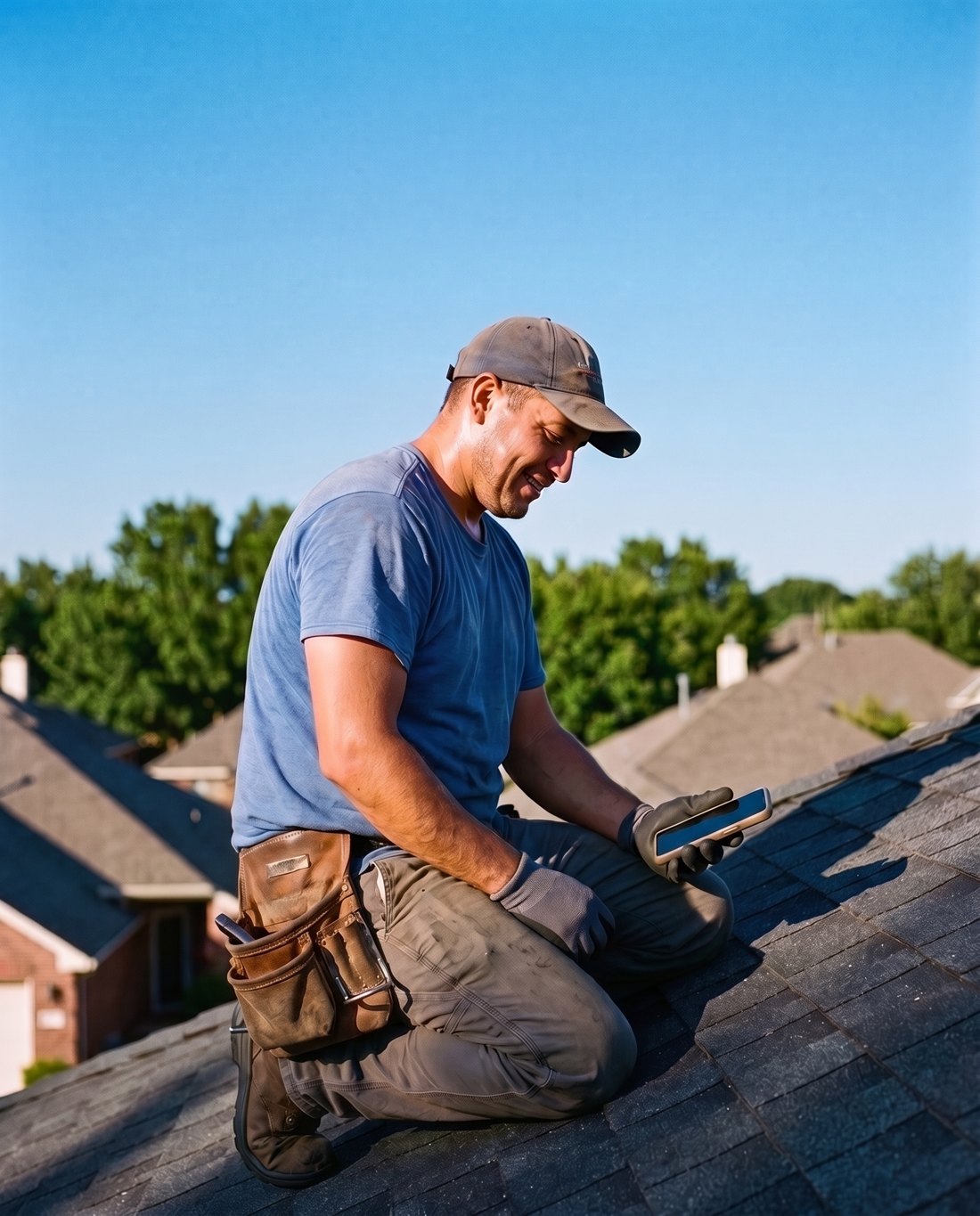 A roofing rep checking their earnings on a phone at a job site