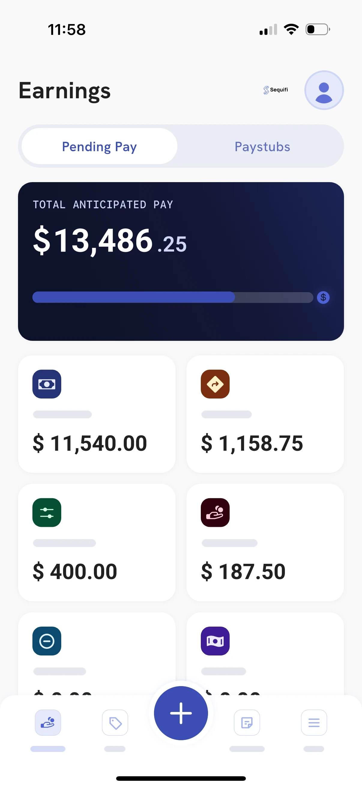 The Sequifi app showing pending pay for the current period with commissions, overrides and adjustments listed separately
